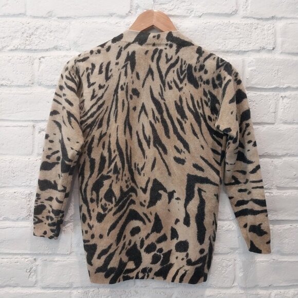 Lambswool Angora Cardigan Sweater Womens Small Brown Tiger Animal Print V Neck, - Picture 2 of 10